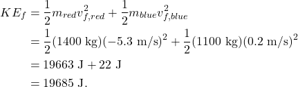 \begin{align*} KE_f &= \frac{1}{2}m_{red}v_{f, red}^2 + \frac{1}{2}m_{blue}v_{f, blue}^2\\ &= \frac{1}{2}(1400~\textrm{kg})(-5.3~\textrm{m/s})^2 + \frac{1}{2}(1100~\textrm{kg})(0.2~\textrm{m/s})^2\\ &= 19663~\textrm{J} + 22~\textrm{J}\\ &= 19685~\textrm{J}. \end{align*}