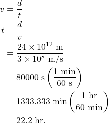 \begin{align*} v &= \frac{d}{t}\\ t &= \frac{d}{v}\\ &= \frac{24 \times 10^{12}~\textrm{m}}{3 \times 10^8~\textrm{m/s}}\\ &= 80000~\textrm{s}\left(\frac{1~\textrm{min}}{60~\textrm{s}}\right)\\ &= 1333.333~\textrm{min}\left(\frac{1~\textrm{hr}}{60~\textrm{min}}\right)\\ &= 22.2~\textrm{hr}. \end{align*}
