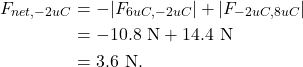 \begin{align*} F_{net,-2uC} &= -|F_{6uC,-2uC}| + |F_{-2uC,8uC}|\\ &= -10.8~\textrm{N} + 14.4~\textrm{N}\\ &= 3.6~\textrm{N}. \end{align*}