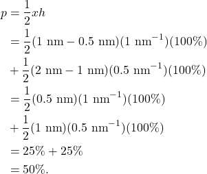 \begin{align*} p &= \frac{1}{2} x h\\ &= \frac{1}{2} (1~\textrm{nm} - 0.5~\textrm{nm})(1~\textrm{nm}^{-1})(100\%)\\ &+ \frac{1}{2} (2~\textrm{nm} - 1~\textrm{nm})(0.5~\textrm{nm}^{-1})(100\%)\\ &= \frac{1}{2} (0.5~\textrm{nm})(1~\textrm{nm}^{-1})(100\%)\\ &+ \frac{1}{2} (1~\textrm{nm})(0.5~\textrm{nm}^{-1})(100\%)\\ &= 25\% + 25\%\\ &= 50\%. \end{align*}
