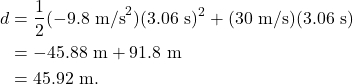 \begin{align*} d &= \frac{1}{2}(-9.8~\textrm{m/s}^2)(3.06~\textrm{s})^2 + (30~\textrm{m/s})(3.06~\textrm{s})\\ &= -45.88~\textrm{m} + 91.8~\textrm{m}\\ &= 45.92~\textrm{m}. \end{align*}