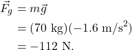 \begin{align*} \vec{F}_g &= m\vec{g}\\ &= (70~\textrm{kg})(-1.6~\textrm{m/s}^2)\\ &= -112~\textrm{N}. \end{align*}