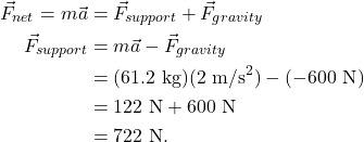 \begin{align*} \vec{F}_{net} = m\vec{a} &= \vec{F}_{support} + \vec{F}_{gravity}\\ \vec{F}_{support} &= m\vec{a} - \vec{F}_{gravity}\\ &= (61.2~\textrm{kg})(2~\textrm{m/s}^2) - (-600~\textrm{N})\\ &= 122~\textrm{N} + 600~\textrm{N}\\ &= 722~\textrm{N}. \end{align*}