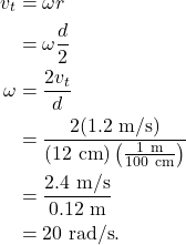 \begin{align*} v_t &= \omega r\\ &= \omega \frac{d}{2}\\ \omega &= \frac{2v_t}{d}\\ &= \frac{2(1.2~\textrm{m/s})}{(12~\textrm{cm})\left(\frac{1~\textrm{m}}{100~\textrm{cm}}\right)}\\ &= \frac{2.4~\textrm{m/s}}{0.12~\textrm{m}}\\ &= 20~\textrm{rad/s}. \end{align*}