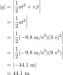 \begin{align*} |y| &= \left|\frac{1}{2}at^2 + v_it\right|\\ &= \left|\frac{1}{2}at^2\right|\\ &= \left|\frac{1}{2}(-9.8~\textrm{m/s}^2)(3~\textrm{s})^2\right|\\ &= \left|\frac{1}{2}(-9.8~\textrm{m/s}^2)(9~\textrm{s}^2)\right|\\ &= \left|-44.1~\textrm{m}\right|\\ &= 44.1~\textrm{m}. \end{align*}