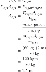 \begin{align*} \tau_{left} &= \tau_{right}\\ F_{left}d_{left} &= F_{right}d_{right}\\ d_{left} &= \frac{F_{right}d_{right}}{F_{left}}\\ &= \frac{m_{right}gd_{right}}{m_{left}g}\\ &= \frac{m_{right}d_{right}}{m_{left}}\\ &= \frac{(60~\textrm{kg})(2~\textrm{m})}{80~\textrm{kg}}\\ &= \frac{120~\textrm{kgm}}{80~\textrm{kg}}\\ &= 1.5~\textrm{m}. \end{align*}