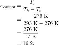 \begin{align*} \kappa_{carnot} &= \frac{T_c}{T_h - T_c}\\ &= \frac{276~\textrm{K}}{293~\textrm{K} - 276~\textrm{K}}\\ &= \frac{276~\textrm{K}}{17~\textrm{K}}\\ &= 16.2. \end{align*}