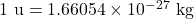 1~\textrm{u} = 1.66054 \times 10^{-27}~\textrm{kg}