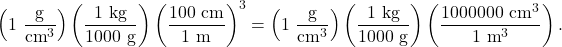 $$\left(1~\frac{\textrm{g}}{\textrm{cm}^3}\right)\left(\frac{1~\textrm{kg}}{1000~\textrm{g}}\right)\left(\frac{100~\textrm{cm}}{1~\textrm{m}}\right)^3 = \left(1~\frac{\textrm{g}}{\textrm{cm}^3}\right)\left(\frac{1~\textrm{kg}}{1000~\textrm{g}}\right)\left(\frac{1000000~\textrm{cm}^3}{1~\textrm{m}^3}\right).$$