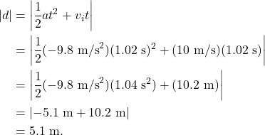 \begin{align*} |d| &= \left|\frac{1}{2}at^2 + v_i t\right|\\ &= \left|\frac{1}{2}(-9.8~\textrm{m/s}^2)(1.02~\textrm{s})^2 + (10~\textrm{m/s})(1.02~\textrm{s})\right|\\ &= \left|\frac{1}{2}(-9.8~\textrm{m/s}^2)(1.04~\textrm{s}^2) + (10.2~\textrm{m})\right|\\ &= \left|-5.1~\textrm{m} + 10.2~\textrm{m}\right|\\ &= 5.1~\textrm{m}. \end{align*}