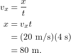 \begin{align*} v_x &= \frac{x}{t}\\ x &= v_xt\\ &= (20~\textrm{m/s})(4~\textrm{s})\\ &= 80~\textrm{m}. \end{align*}