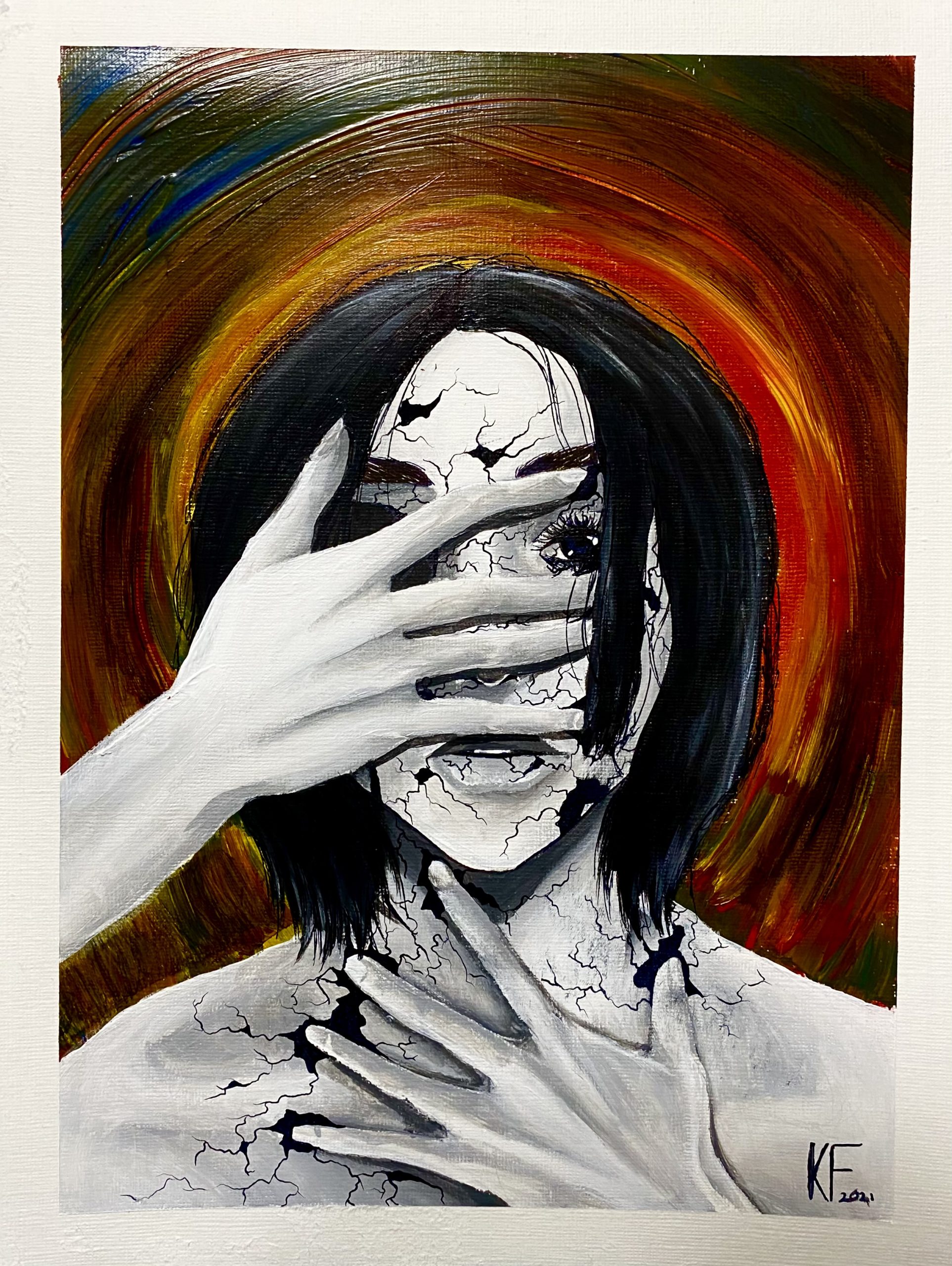 Portrait of a person with shattered porcelain skin and one hand covering their face and the other covering their chest in a protective gesture