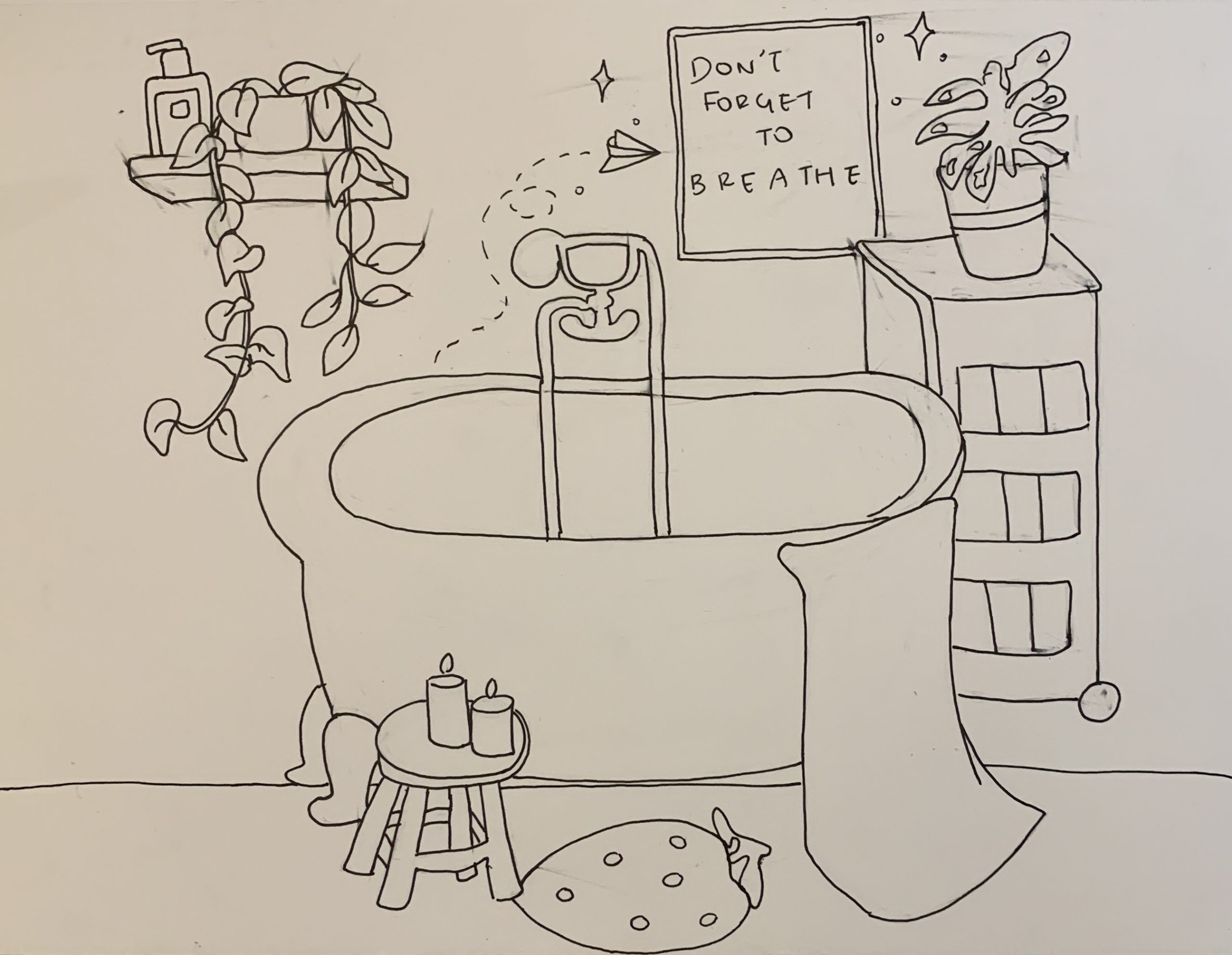 A line drawing of a bath tub, plants, and candles in a calm and private environment including a sign reading don't forget to breathe