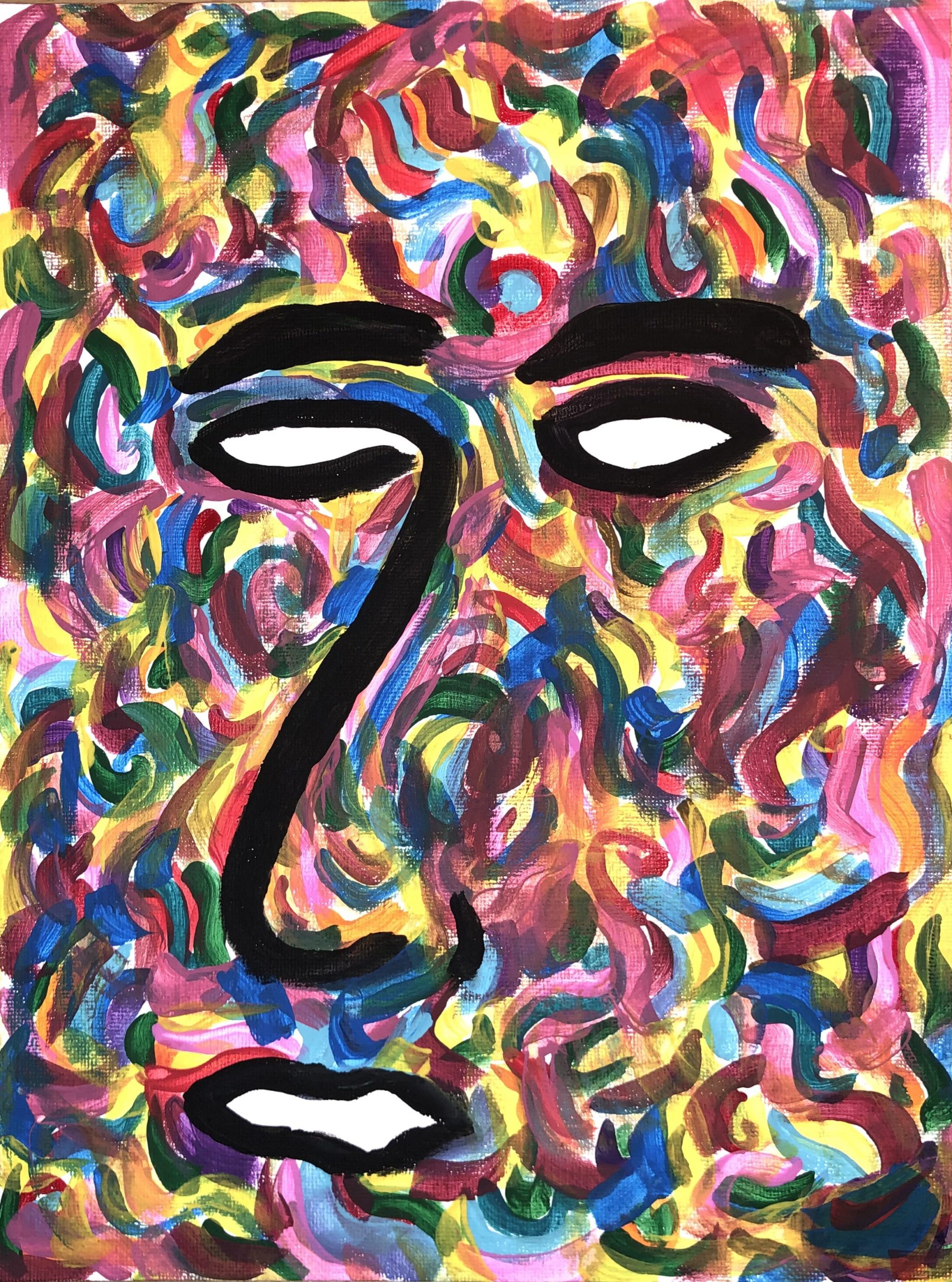 Eyes, eyebrows, a nose, and a mouth surrounded by colorful swirls filling the canvas