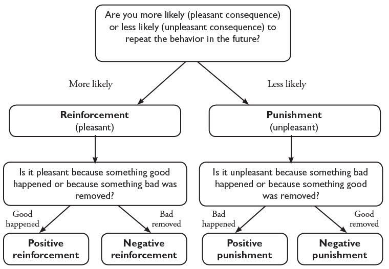 A flow chart describing the operant conditioning decision tree. The top of the tree is labeled Are you more likely (pleasant consquence) or less likely (unpleasant consequence) to repeat the behavior in the future? Depending on whether or you are more or less likely two branches extend. If more likely is chosen, the branch is labeled Reinforcement (pleasant). From here a box is linked labeled is it pleasant because something good happened or bechause something bad was removed? If good, the final box is Positive reinforcement. If something bad was removed, the final box is Negative reinforcement. The second main branch is chose if one is less likely to repeath the behavior. The next box in this tree is Punishment (unpleasant). The Punishment box leads to a box labeled Is it unpleasant because something bad happened or because something good was removed? If something bad happened, the final box is Positive punishment. If something good was removed, the final box in the decision tree is negative punishment.