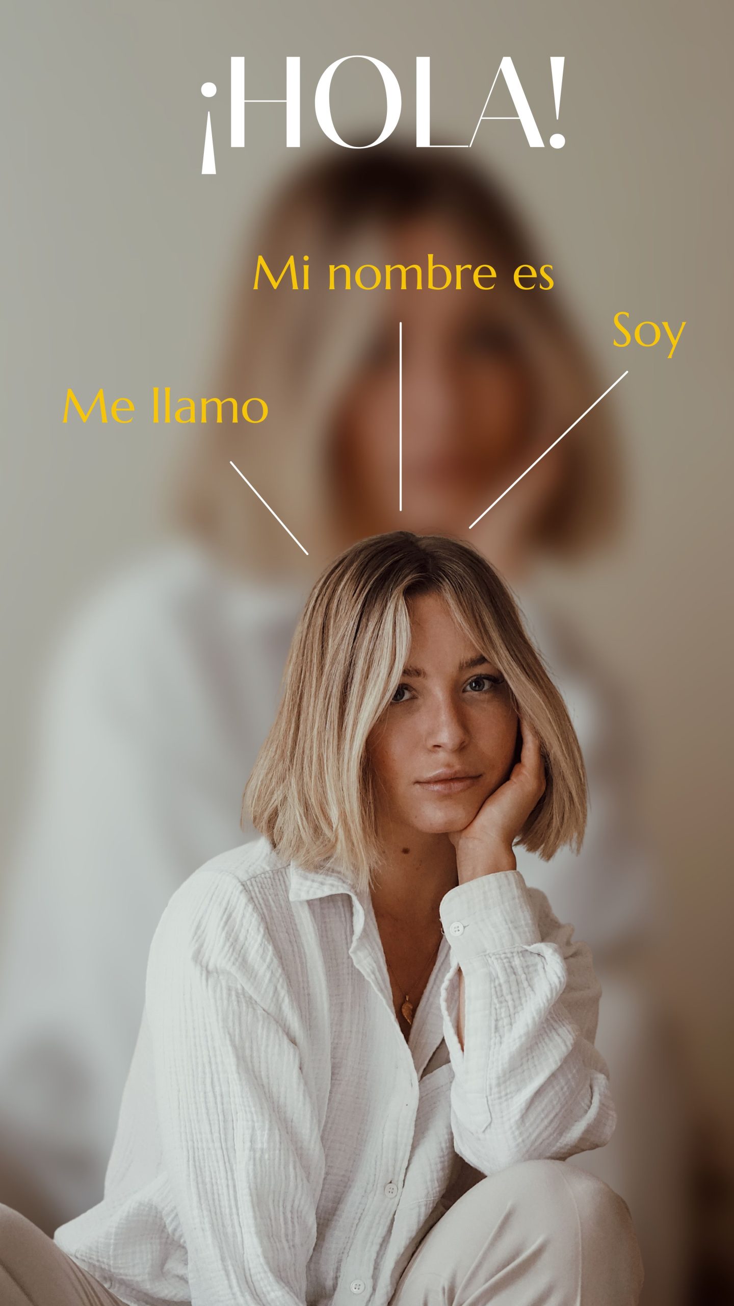 A blonde woman in a white button down shirt is facing the camera with her hand on her cheek and 3 ways to say her name in Spanish are above her.