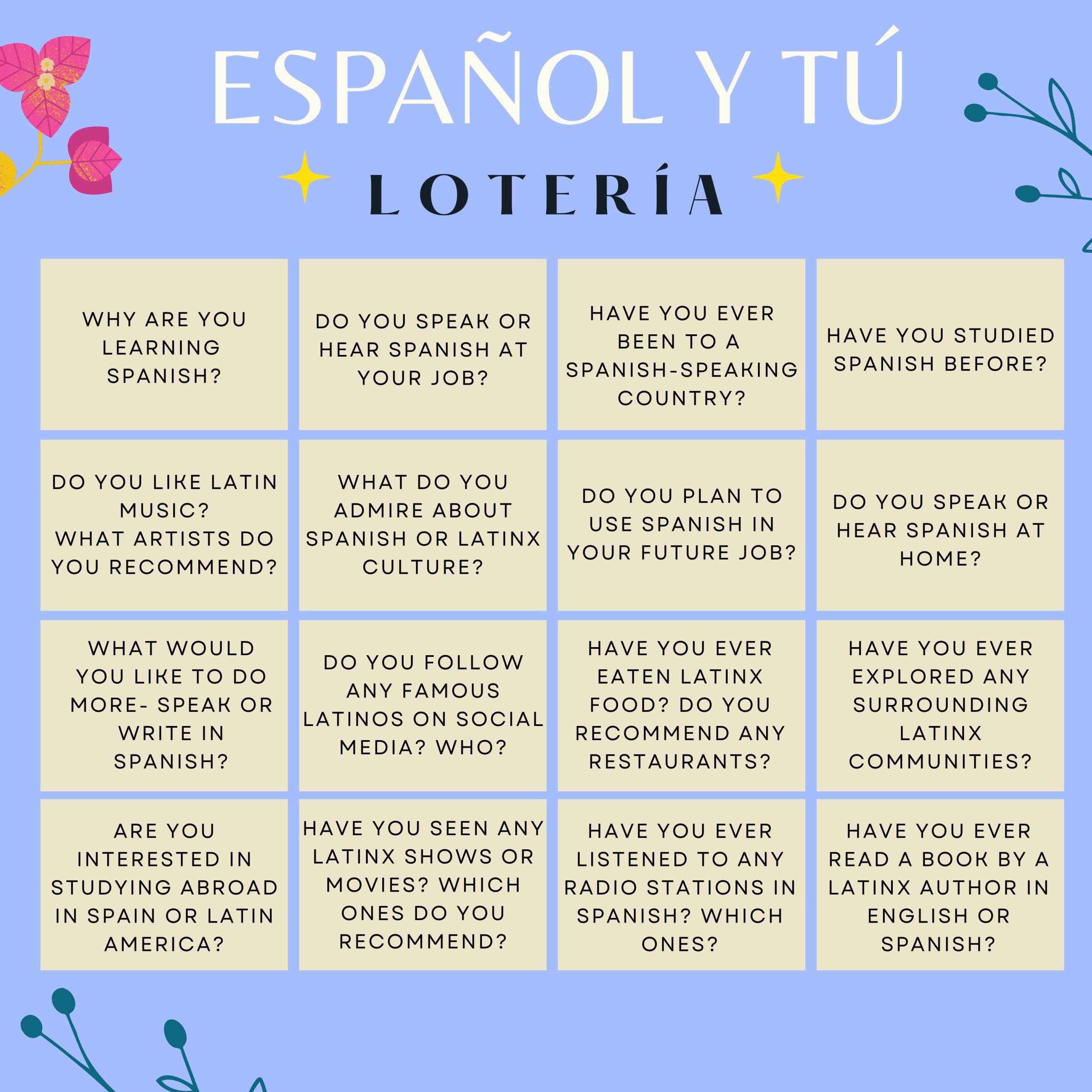 A Lotería game with questions about someone's experience with Spanish