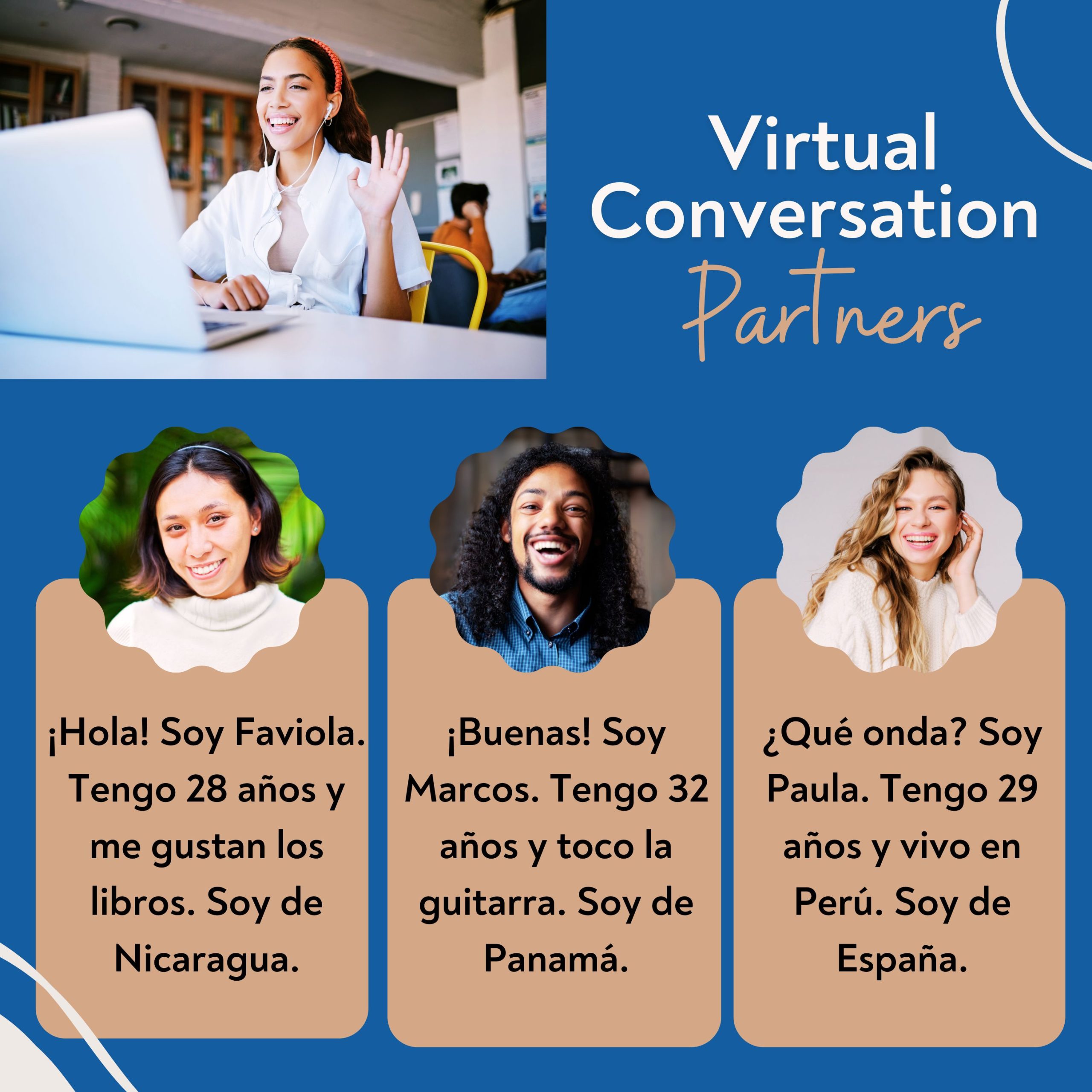 Virtual conversation exchange bios in Spanish.