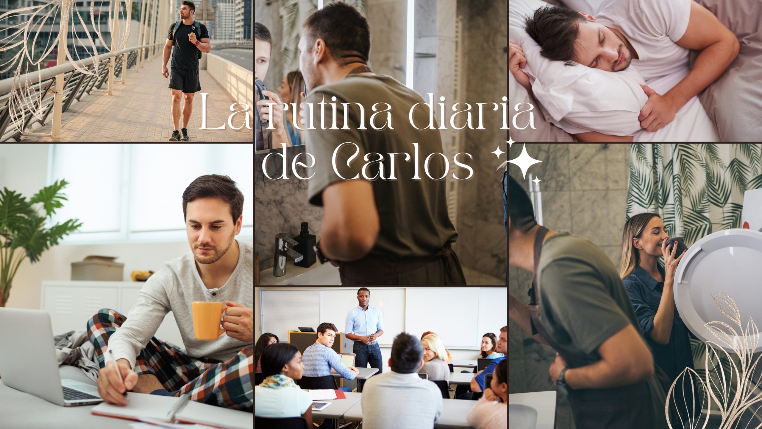 Carlos's daily routine is shown in a collage