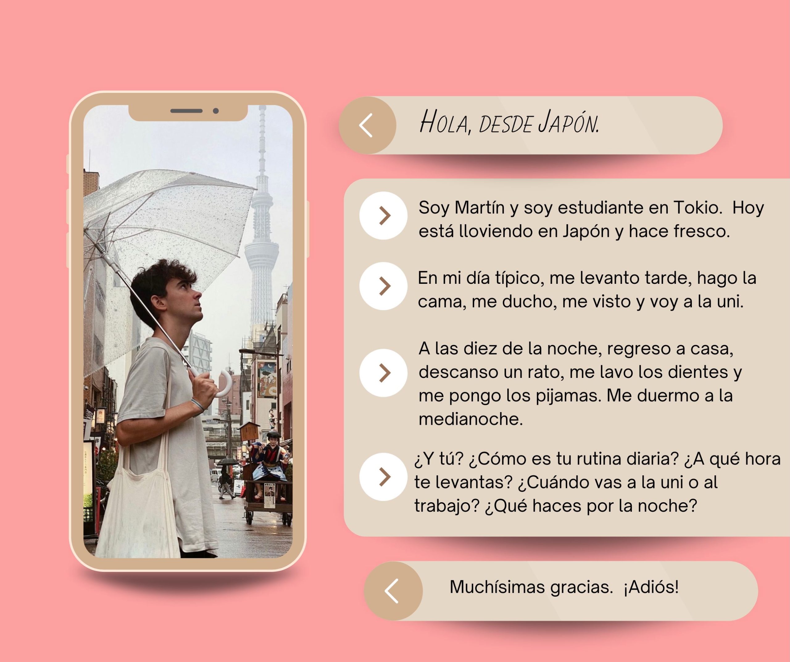 Martín introduces himself, says the weather in Spanish, describes his daily routine and asks readers about theirs.