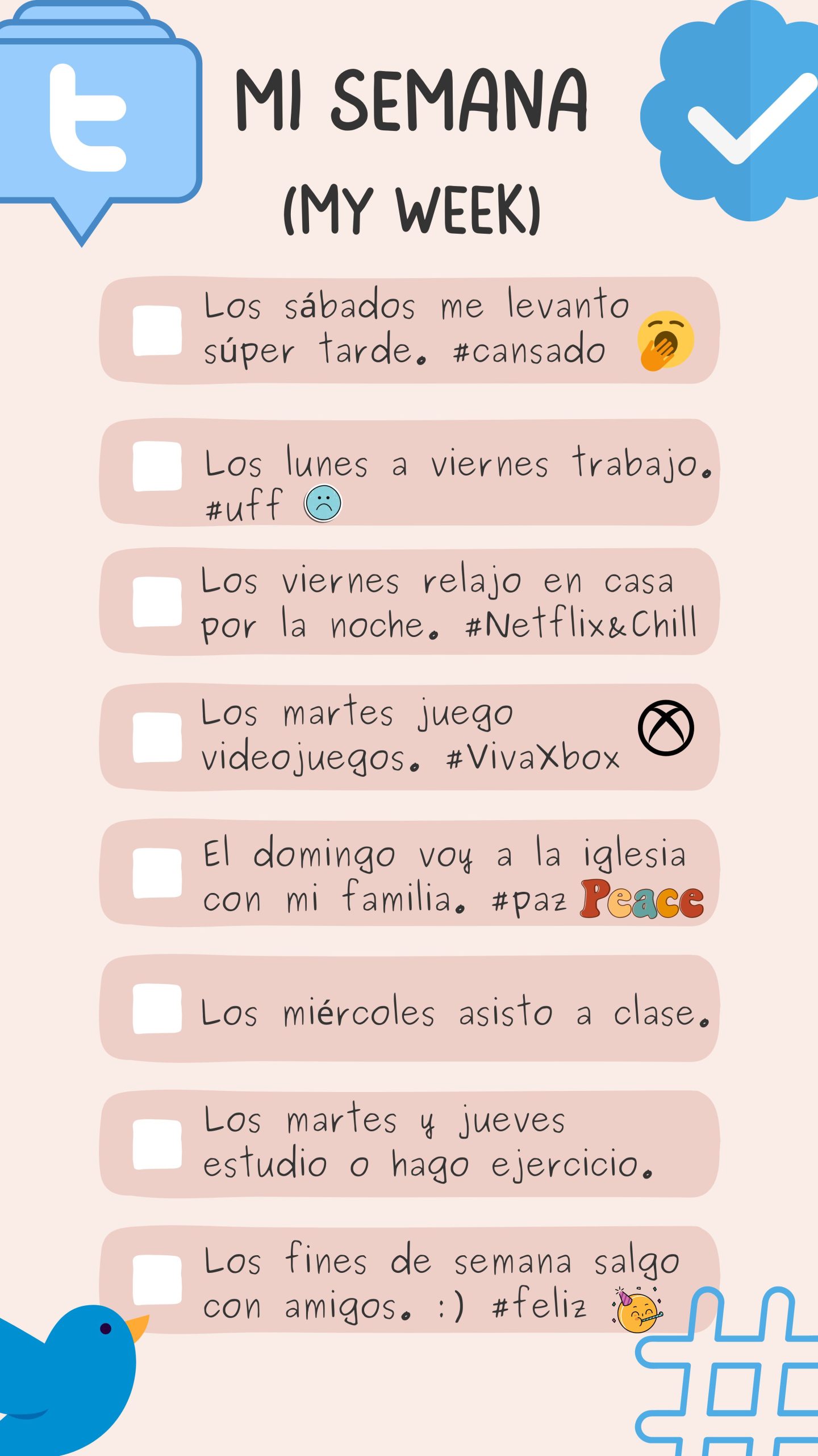 Tweets in Spanish about daily routine on certain days of the week.