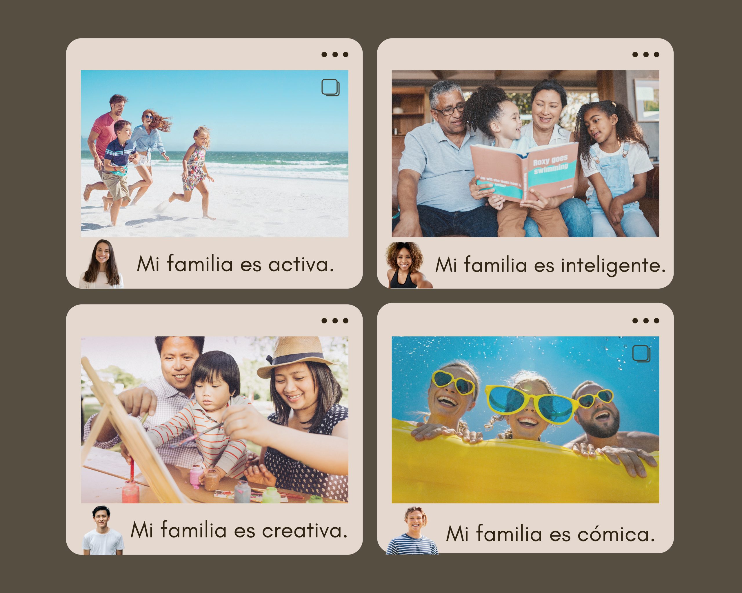 4 students describe their families in Spanish using a different descriptive adjective each based on the photos they share.