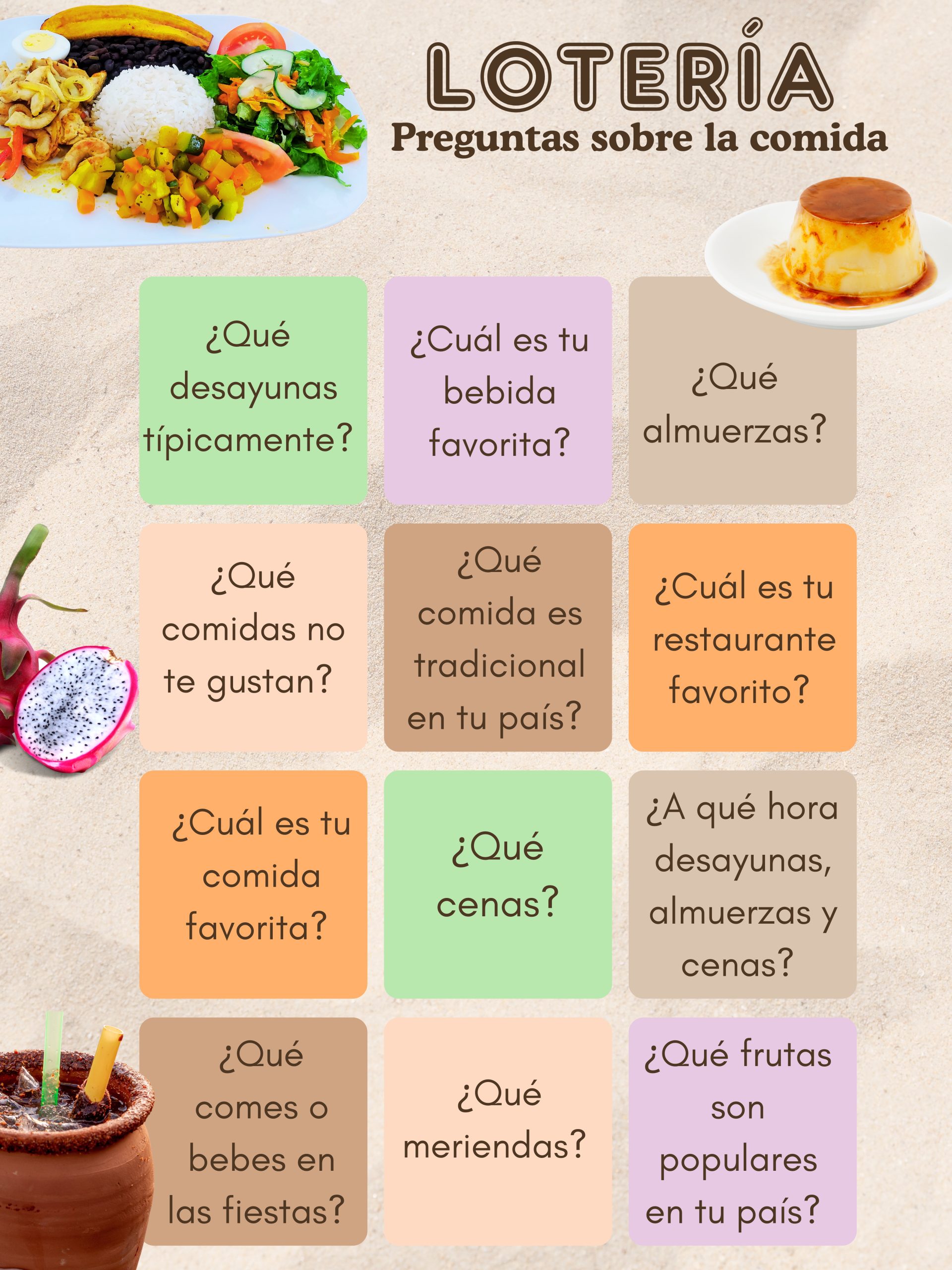 A lotería game with questions related to food and eating habits