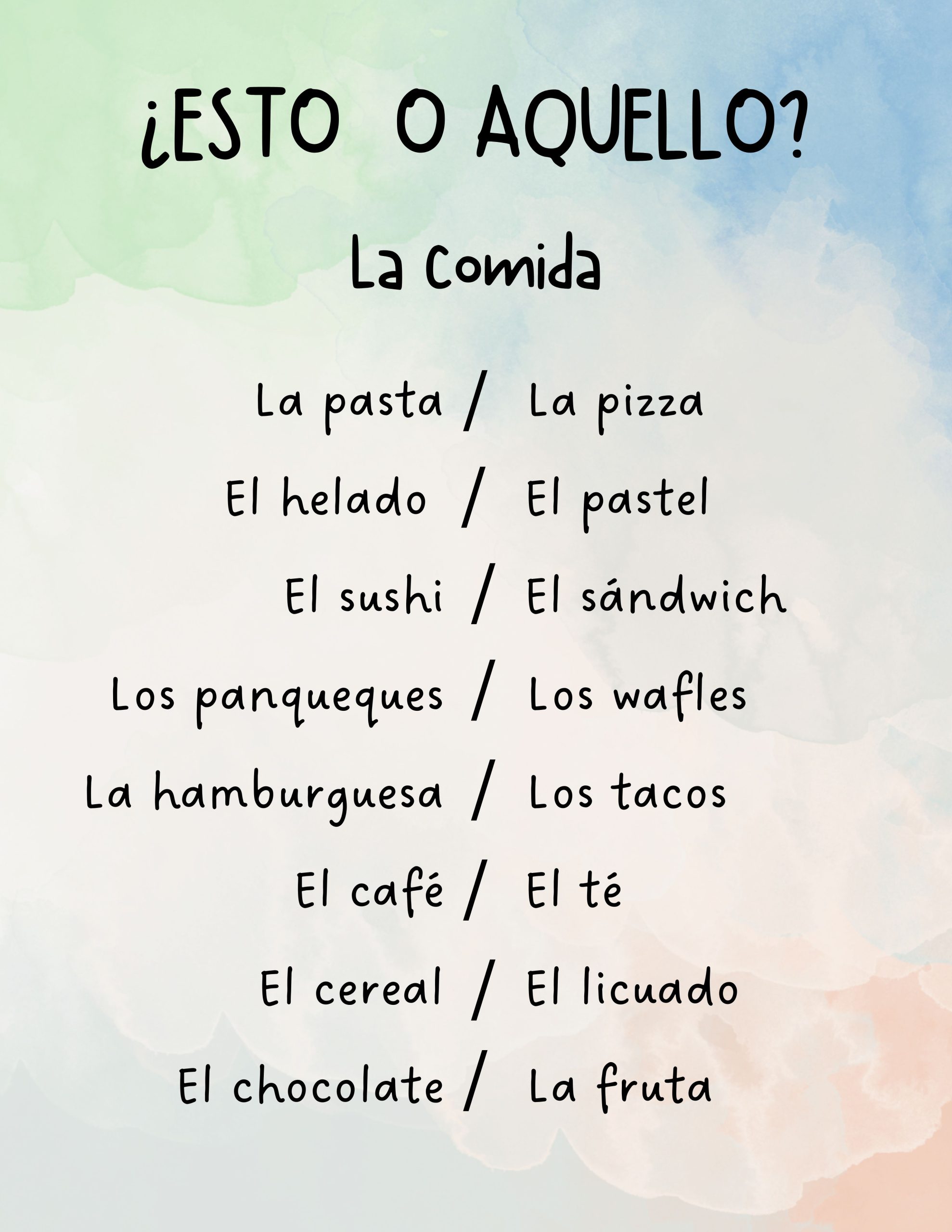 A list of this or that foods in Spanish.