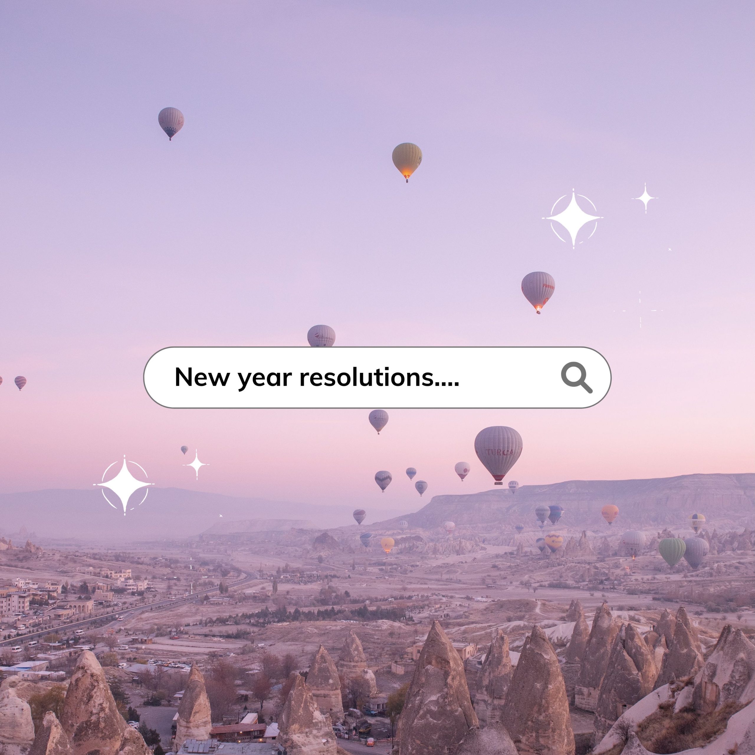 A decorative image of NY resolutions with air balloons in background