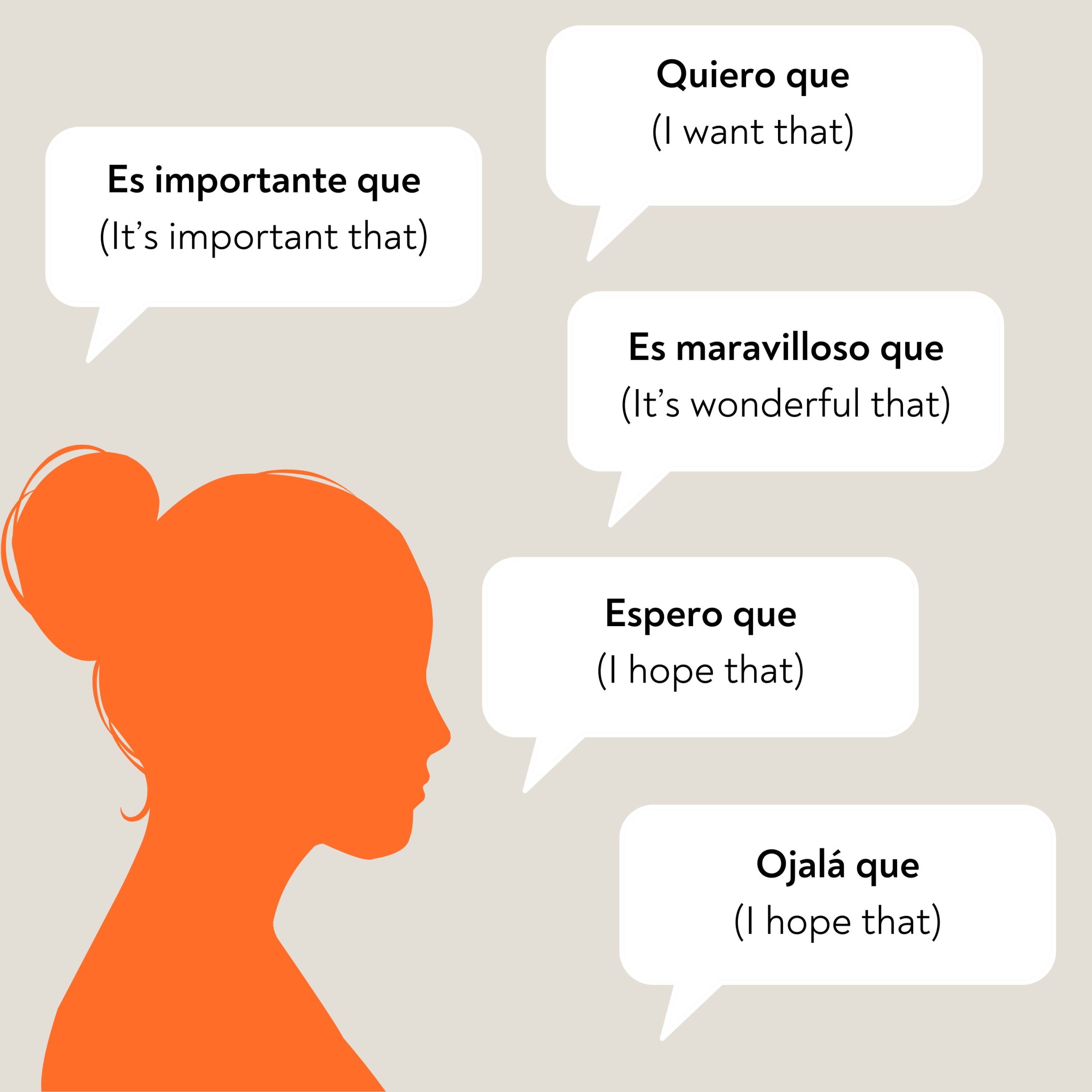 A profile of someone with chat bubbles around them with subjunctive expressions