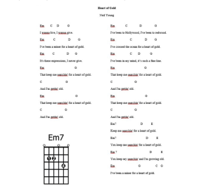 Figure 1: Lyrics and chord changes for “Heart of Gold” by Neil Young with a fingering chart for an E minor 7 chord