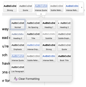 Figure 2. A screenshot of a drop-down menu in Microsoft Word that displays various navigation styles. “Title,” “Heading 1,” and “Heading 3” are some of the examples listed. Screenshot by author.