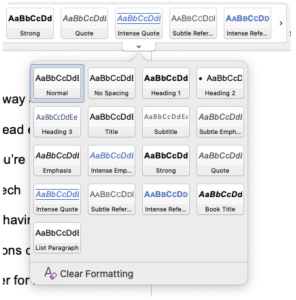 A screenshot of a drop-down menu in Microsoft Word that displays various navigation styles. “Title,” “Heading 1,” and “Heading 3” are some of the examples listed. Screenshot by author