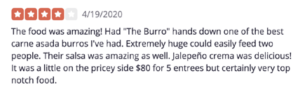Four-star restaurant review of Boca Tacos & Tequila, posted April 19, 2020. Text reads: “The food was amazing! Had ‘The Burro’ hands down one of the best carne asada burros I’ve had. Extremely huge could easily feed two people. Their salsa was amazing as well. Jalepeño crème was delicious! It was a little on the pricey side $80 for 5 entrees but certainly very top notch food.” Yelp; Yelp.com, 19 Apr. 2020, https://www.yelp.com/biz/boca-tacos-y-tequila-tucson