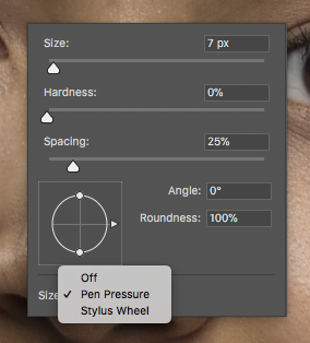Right-clicking with a brush tool reveals the brush options directly on the image as a shortcut.