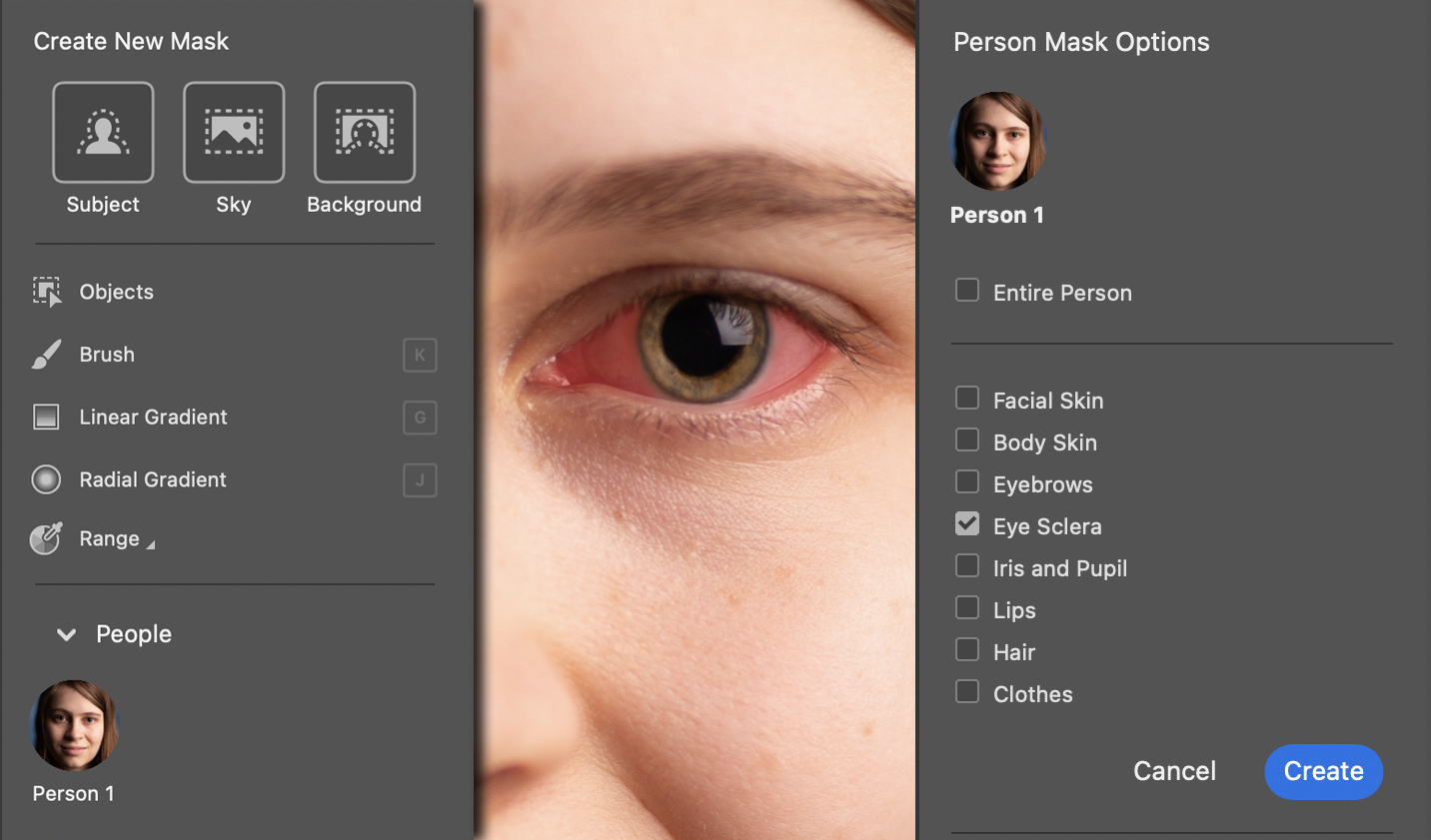 The Eye Sclera option automatically masks the whites of the eyes to prepare the area for editing.