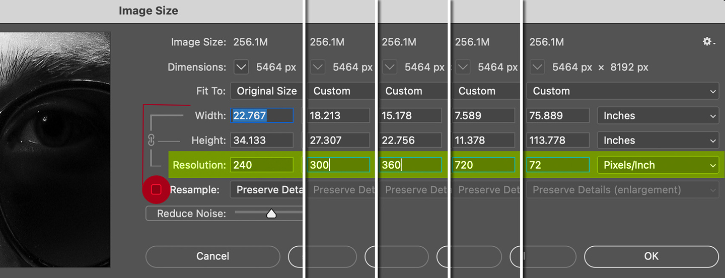 Various image resolutions in Photoshop's Image Size dialog box.