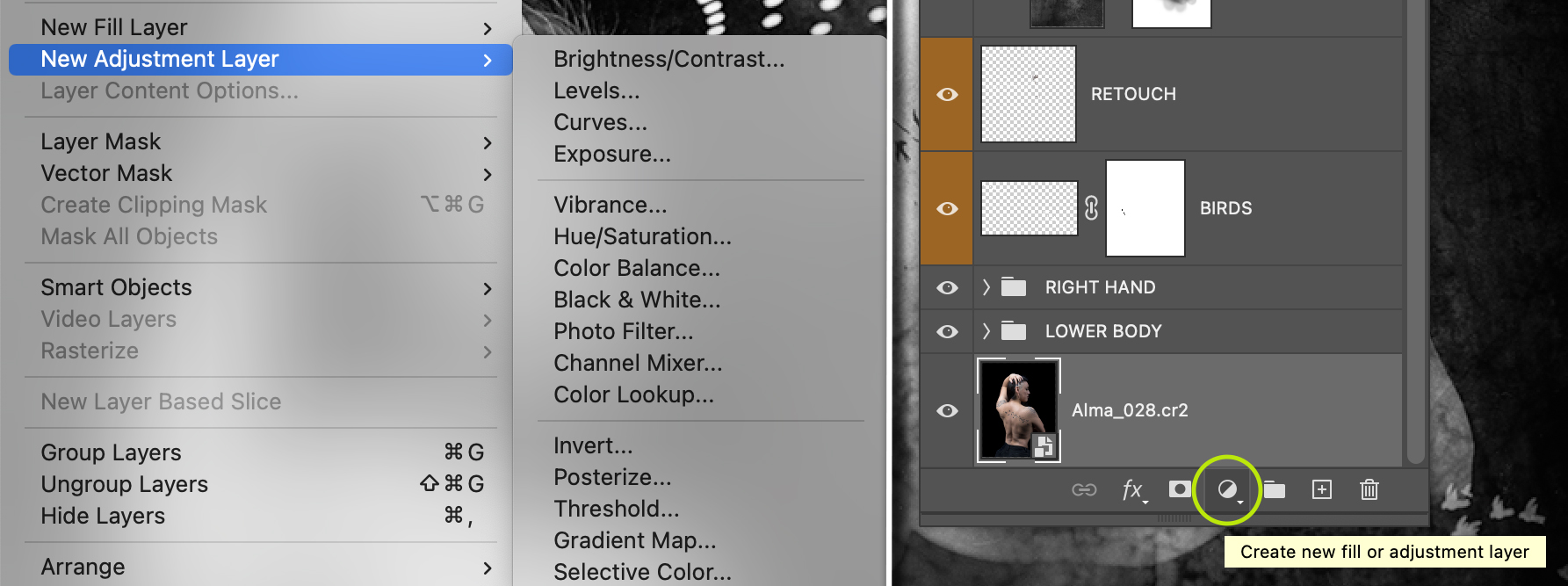 The New Adjustment Layer menu options and the shortcut on the Layers panel.