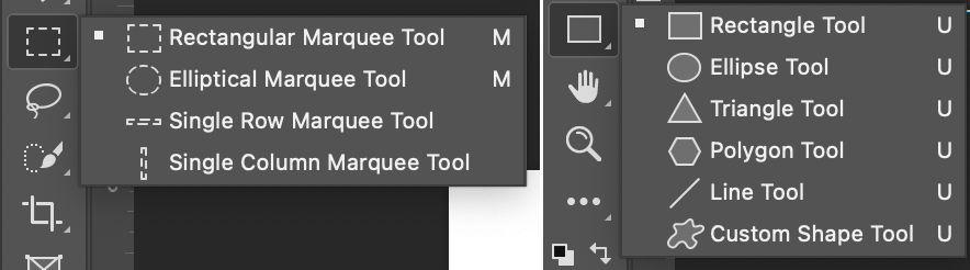 The Marquee and Shape Tools flyout from the Toolbar.