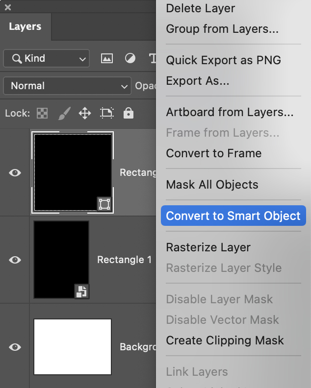 Convert to Smart Object context menu shown when right-clicking on a layer.