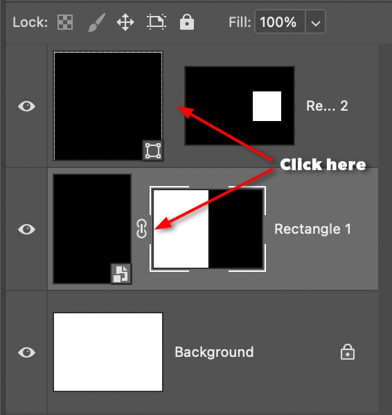 A screenshot of the Layers panel showing where to click to unlink the Layer Mask from the image.