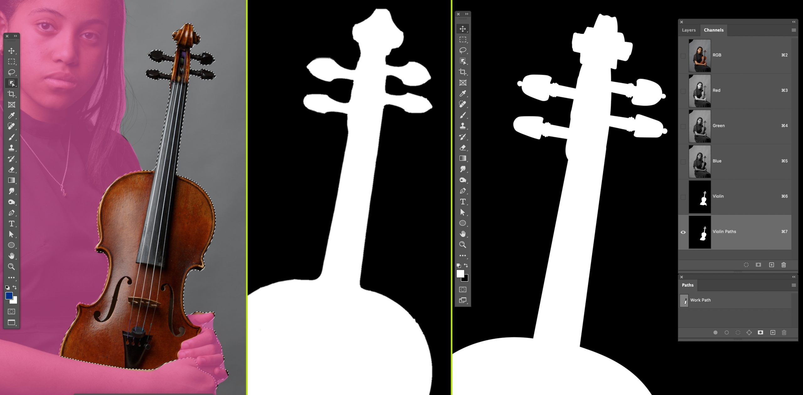 A portrait depicting an AI selection and a path to compare the difference in precision.