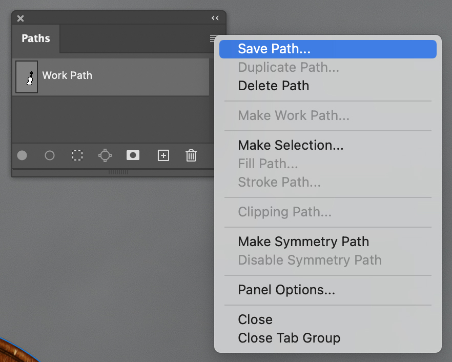 The Paths panel options flyout menu located under the "hamburger" symbol.
