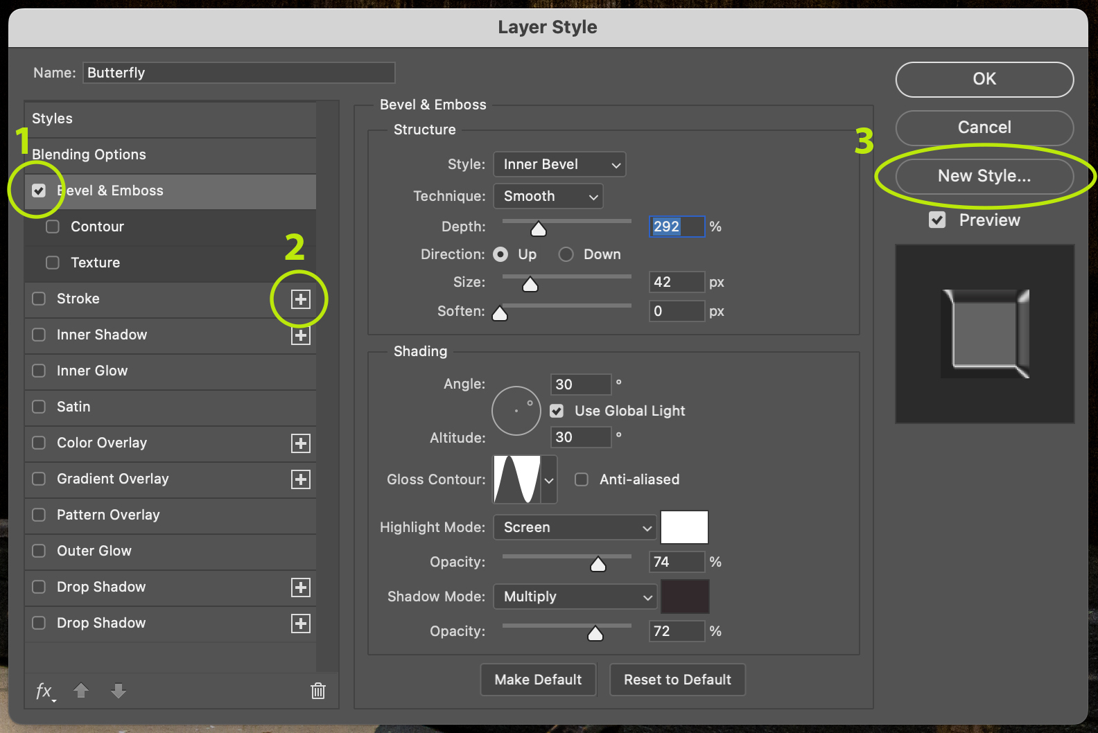 The Layer Style dialog box and options for the Bevel & Emboss effect.