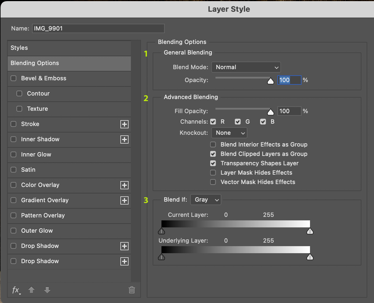 Blending Options as seen in the Layer Style dialog box.