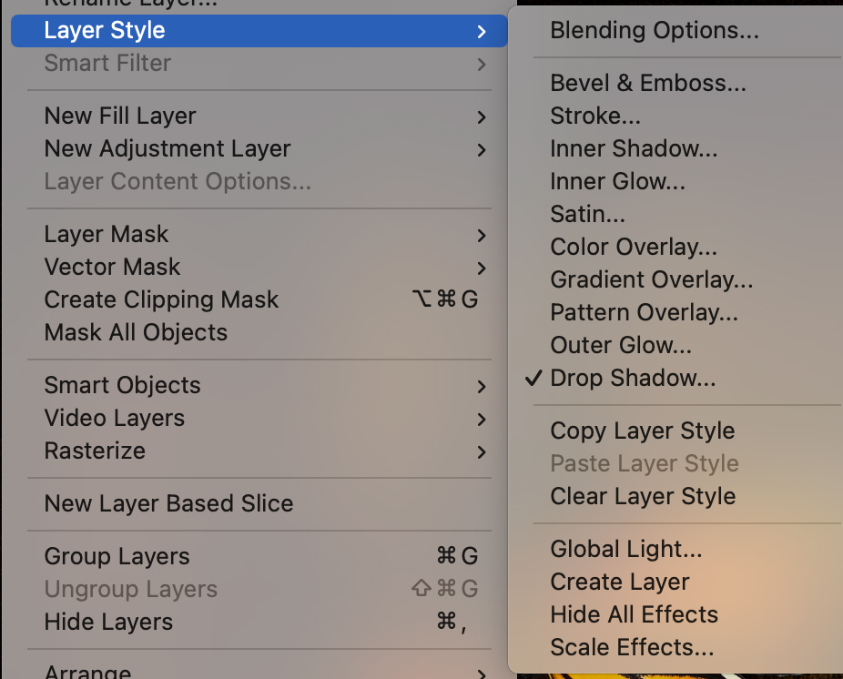 Layer Style options from the Layer Menu bar.