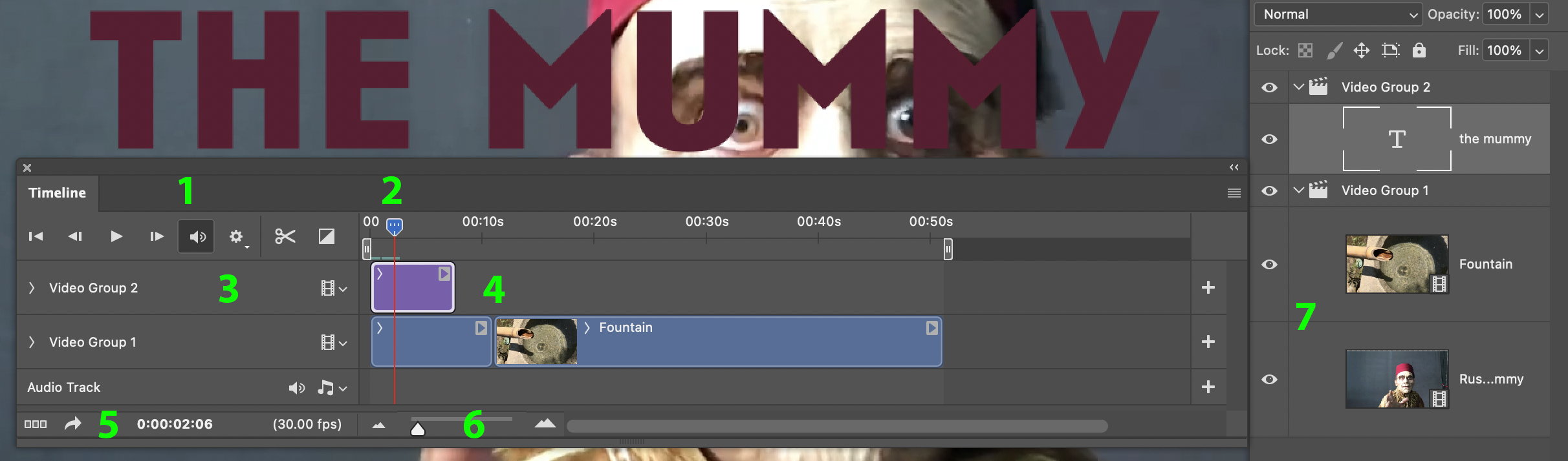 The Video TImeline. Video still of Adobe's Russell Brown as The Mummy