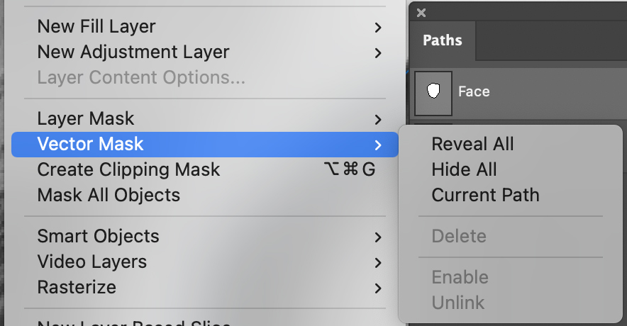 The Vector Mask fly-out options from the Menu bar.
