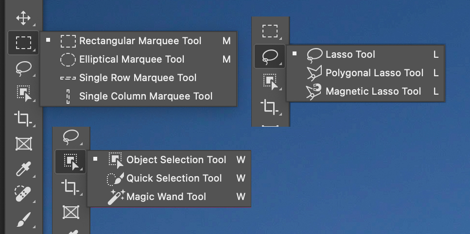 A snapshot of the various Selection tools found in the Toolbar.