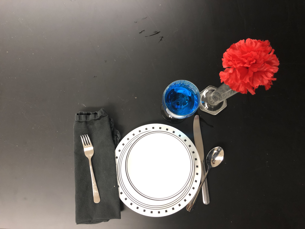 A table setting is viewed from top-down. There is a plate, bowl, wine glass filled with blue liquid, a vase with a red carnation, a napkin with a fork placed on top, a spoon, and a knife.